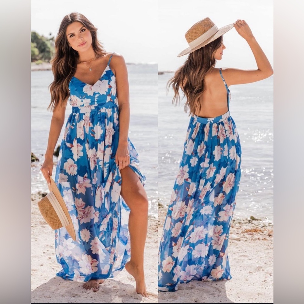 Pink Lily Blue Floral Maxi Dress Spaghetti Straps Elegant Party Wedding S